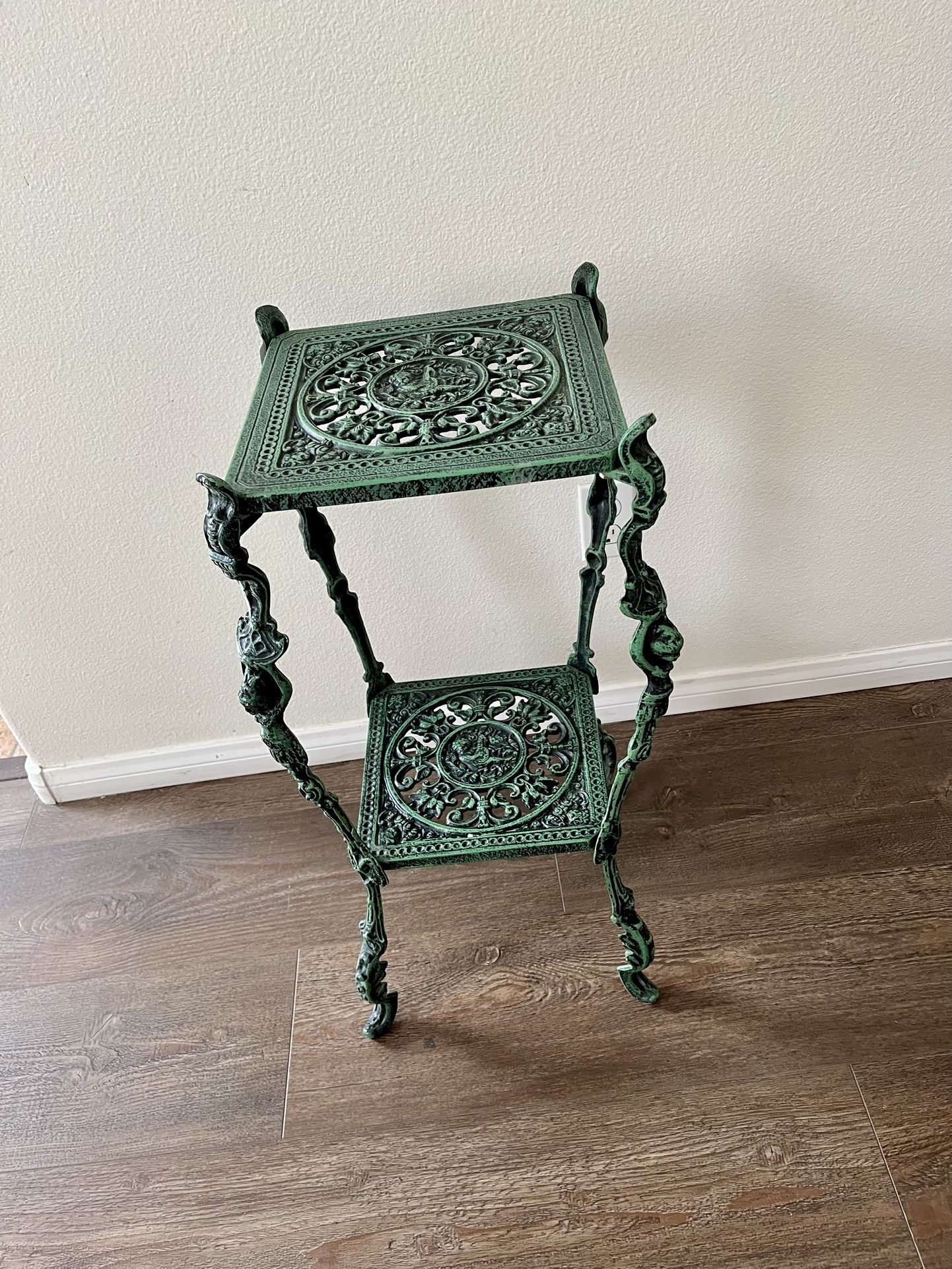 Cast Iron Plant Stand with Ornate Design 2-Tier Green Finish 28 Inch Tall