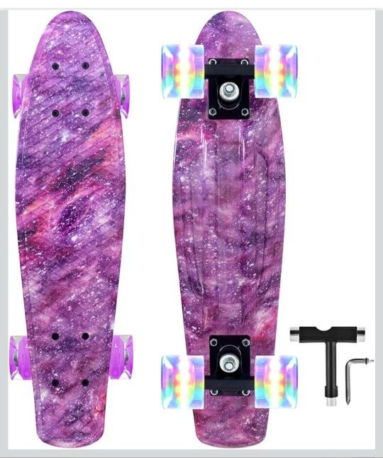 Nattork Skateboards 22 Inch Mini Cruiser Skateboard Complete Retro Skate Boards with Colorful Light Up Wheels for Kids Girls Boys Beginners