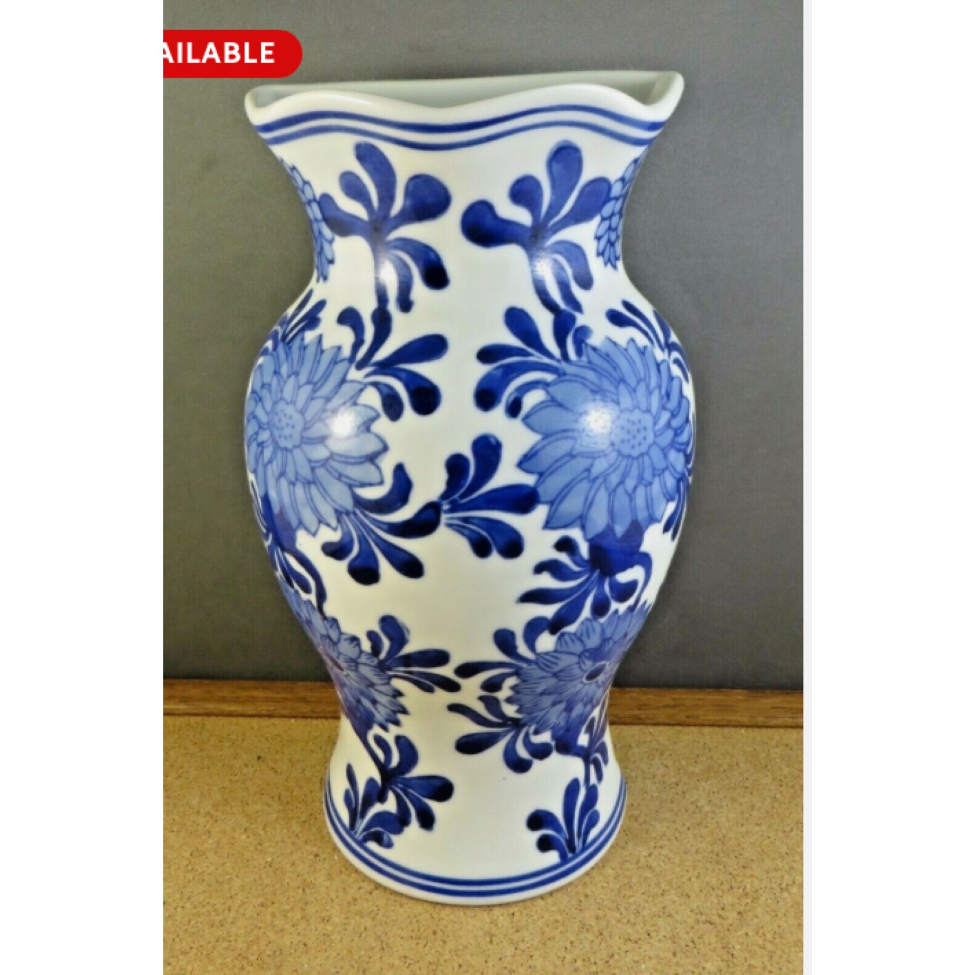 2 White Blue porcelain Wall Pocket Half Vase Hangers Floral Design 9” tall