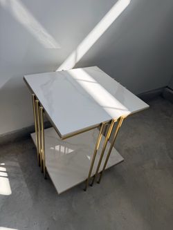Two-Tier Side Table Gold Frame White Marble Top