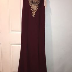 Burgundy Formal Gown with Gold Embellishment