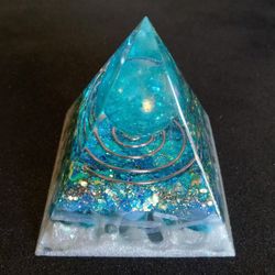 Blue aura quartz orgonite orgone resin pyramid with opalite selenite and apatite