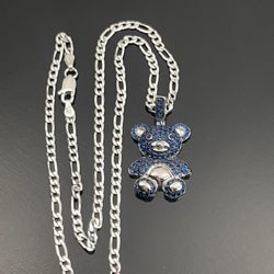 solid 925 silver italian figaro chain teddy blue teddy pendant 