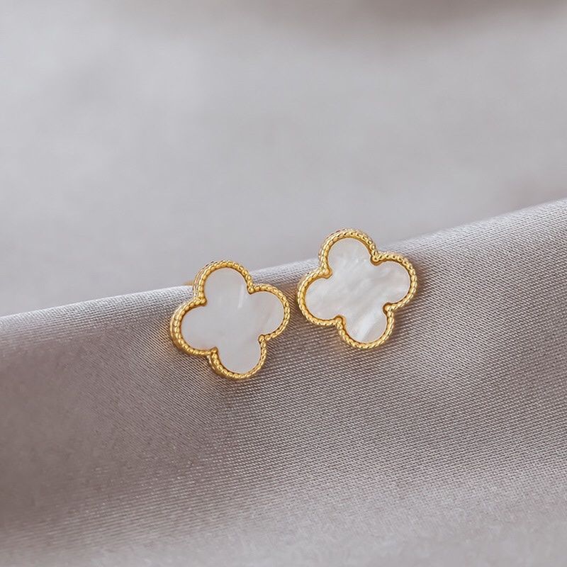 14k Gold Plated White Clover Stud Earrings
