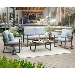  4 Piece Balcony Furniture Set, Metal Outdoor Furniture Patio Couch Set of 4 with Table, Seat and Back Cushions, 2 Striped Pillows, Textilene Mesh Pat