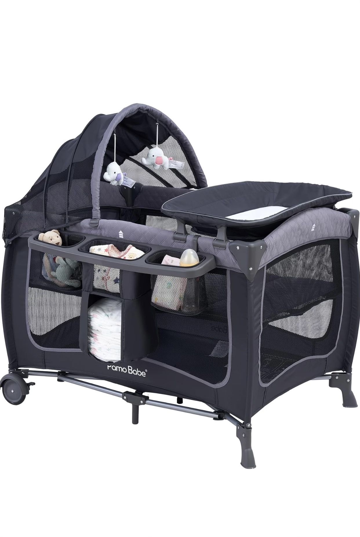 Pamo Babe Portable Baby Playard with Canopy Nursery Center Play Yard with Bassinet & Changing Table