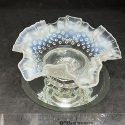 VTG Clear Opalescent Ruffled Edge Hobnail Trinket/Candy Dish Or Candle Holder 5”