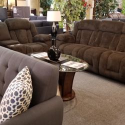 🔥 Brand New Brown Linen Or Leatther Manual Reclining Sofa + Loveseat 2PCs Set