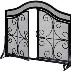 AMAGABELI GARDEN & HOME Fireplace Screen with Doors Mesh Solid Wrought Iron Black ⭐NEW IN BOX⭐ CYISell
