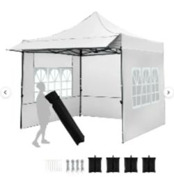 New White 10’ x 10’ Canopy w/Sidewalls, Sand Bags, Rolling Storage Bag & Tie Downs