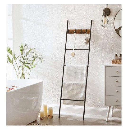 Blanket Ladder 5 Tier Shelf Decorative W/ Removable Hooks Rustic Brown & Black JV12287CF