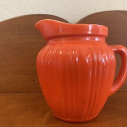 Vintage Hazel Atlas Small Red/Orange Platonite/Milk Glass Ribbed Pitcher 4” T x 4.5” W x 3.5” D