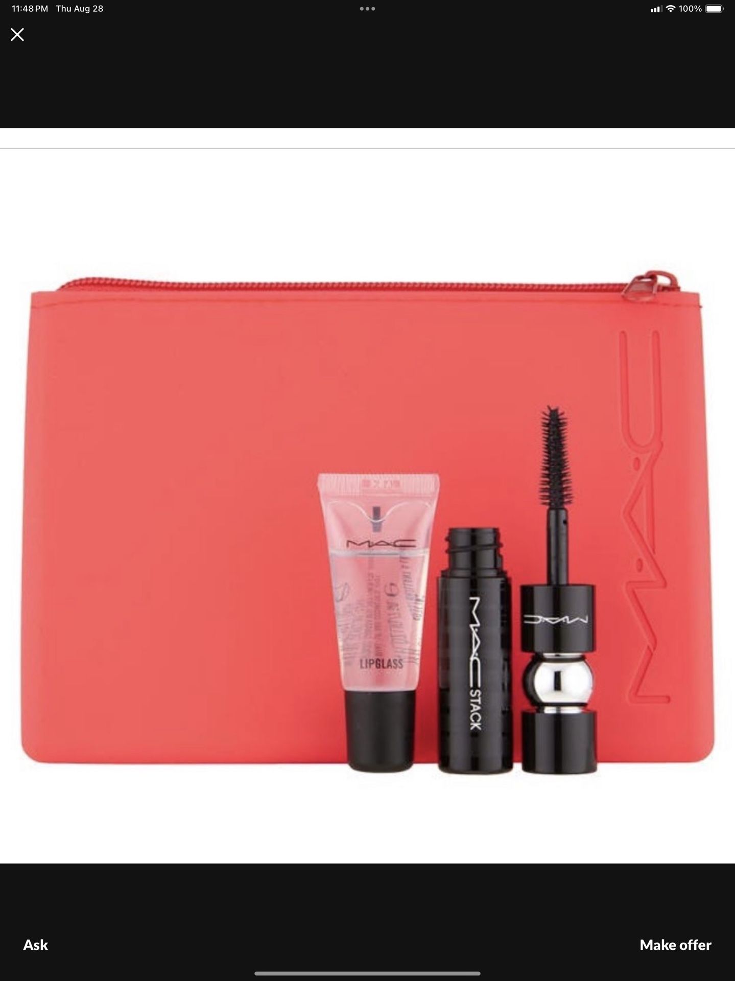 MAC Cosmetics a cosmetics pouch and deluxe sample of Clear Lipglass Lip Gloss (0.24 oz.) and MACStack Mascara in Black Mega (0.27 oz.)