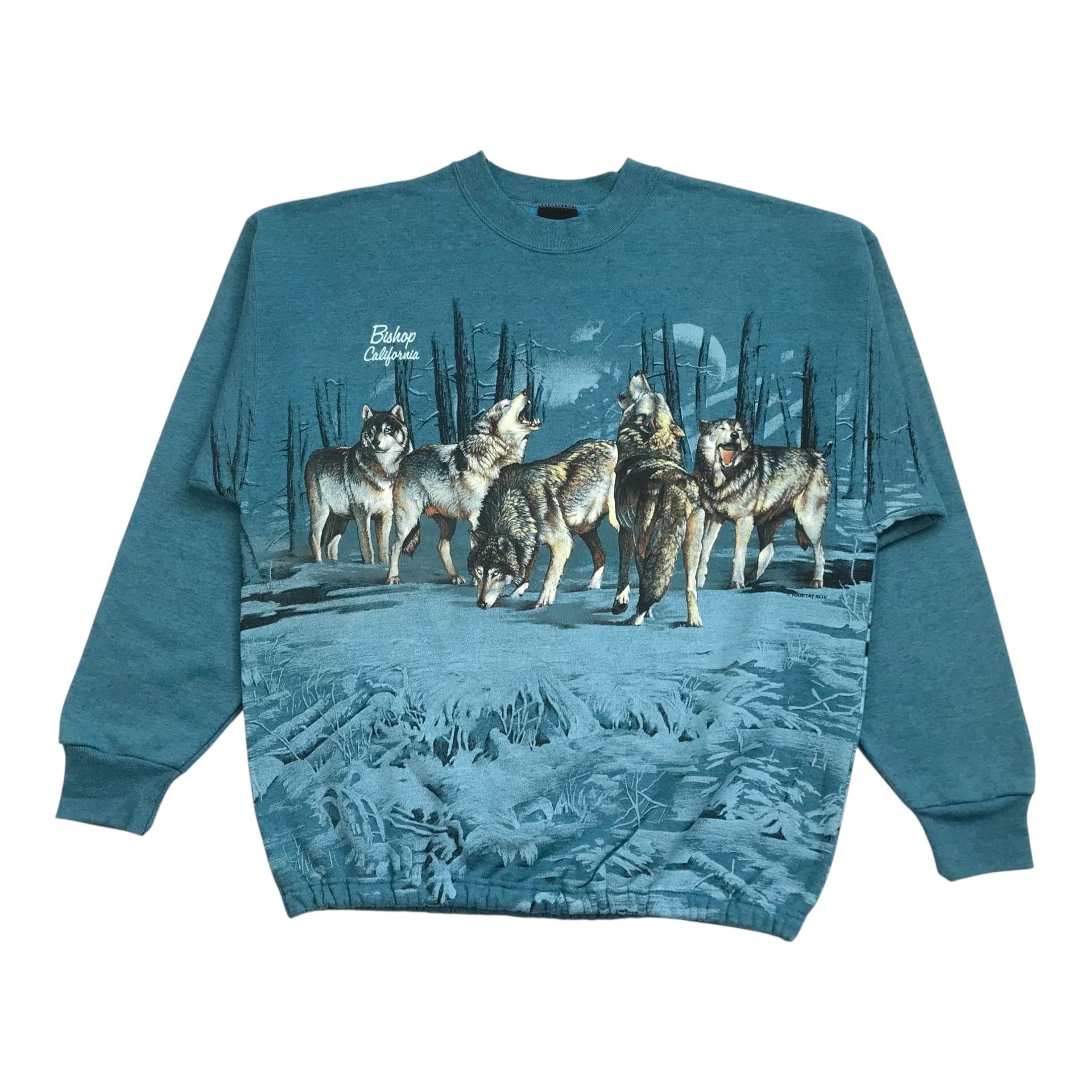 VINTAGE WOLF SWEATSHIRT XL MENS CREWNECK PULLOVER AOP NATURE OUTDOORS WOLVES USA