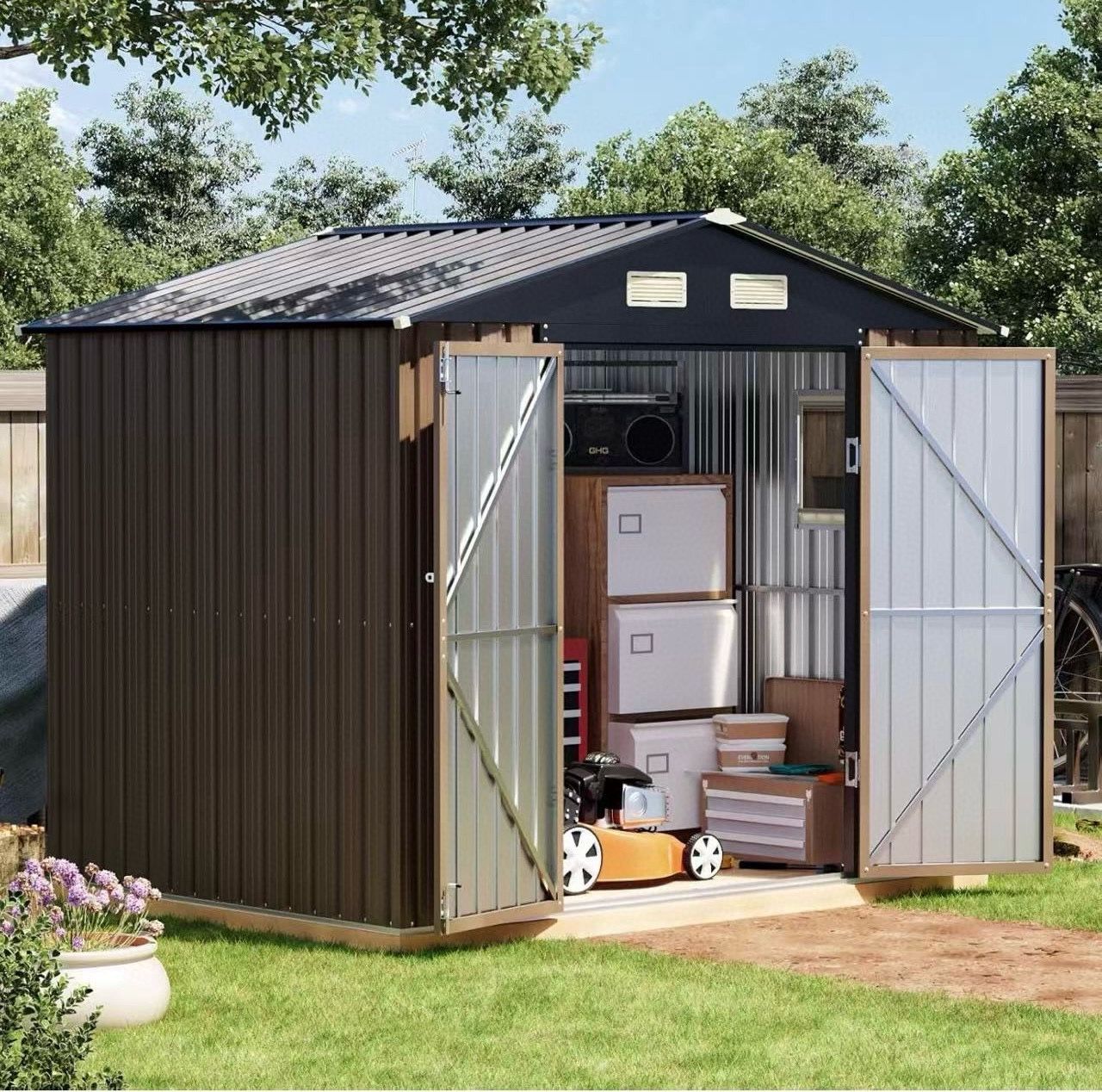 🔥Brand new in Box 🔥6x8FT Outdoor Metal Storage Shed, Double Door, 1 Clear Window, Tool Shed for Garden, Patio, Backyard (Brown)💰150$  Decatur Locat