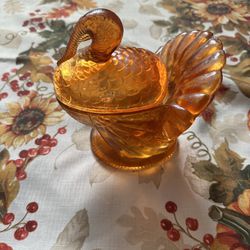 Vintage Amber Glass Turkey Covered Candy Nesting Dish