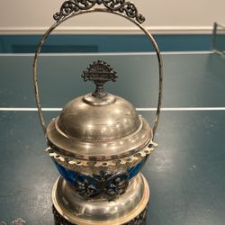 Vintage Silver Plate Pickle Caster With Blue Glass And Three Spoons