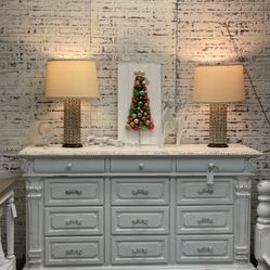 White Dresser Buffet Solid wood top nine drawers