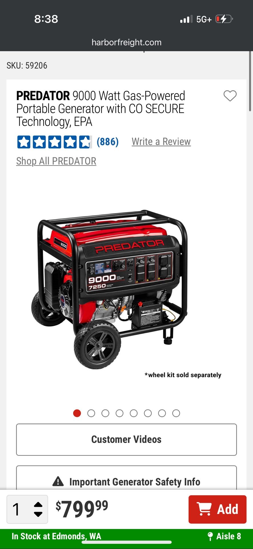 Brand New Condition 9000 WATT Generator