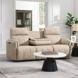 Elison Beige Power Motion Sofa W/Drop Table