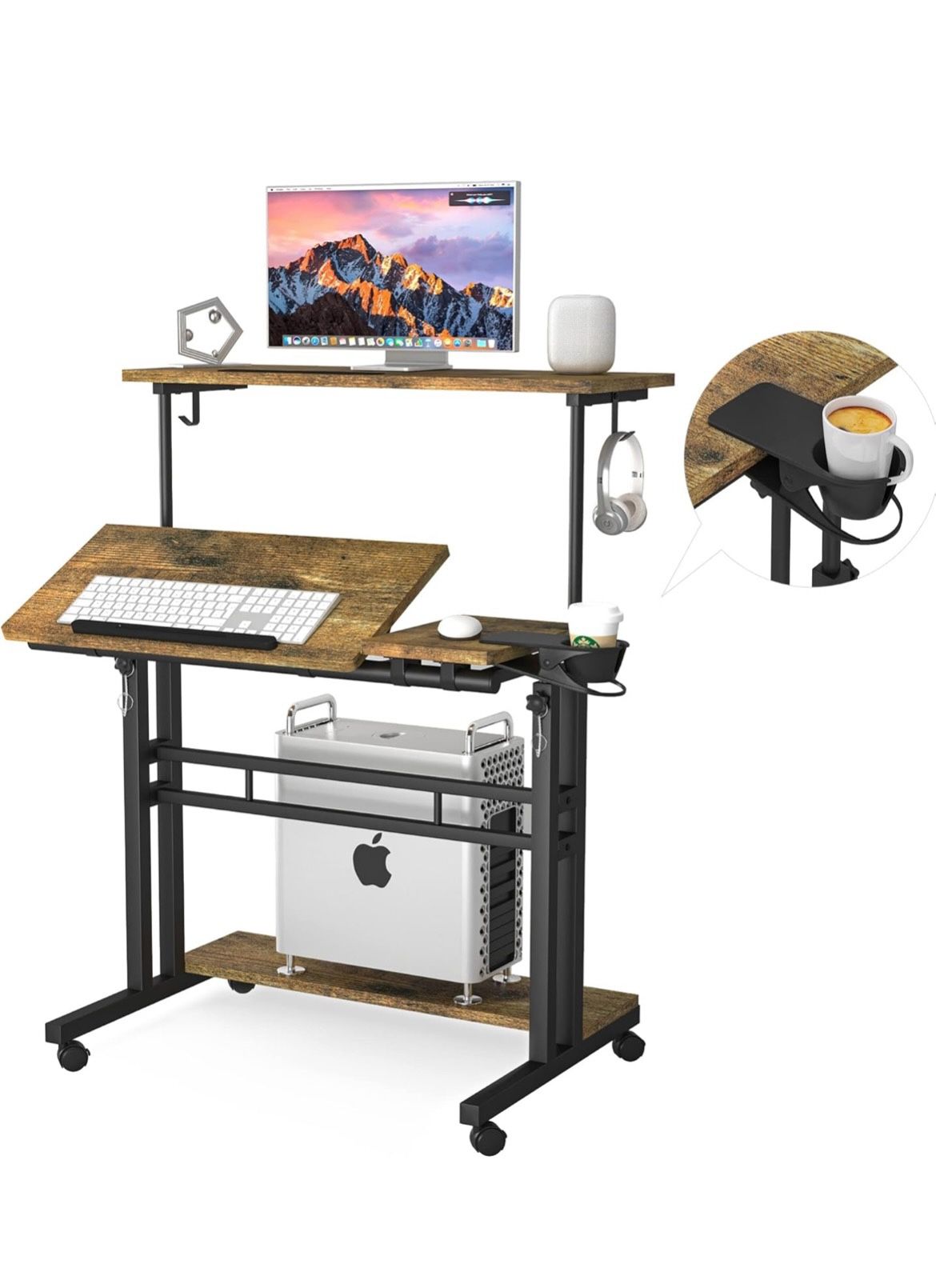 Mobile Standing Desk, Adjustable Rolling Computer Desk with 3 Desktops, Portable Laptop Table with Cup Holder, Home Office Laptop Workstation on Locka
