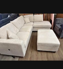 Beige cordrouy sectional sofa with ottoman abd USB
