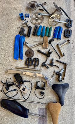 A collection of assorted bicycle parts
