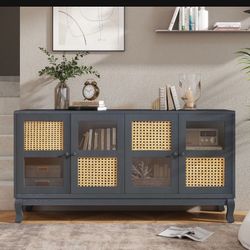 Mid-Century Retro Modern Rattan Sideboard with Glass Doors, Large Storage Space, 4-Door Cabinet Buffet for Entryway & Living Room, gray 