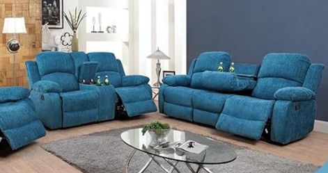 Blowout special blue flannel 2pc recliner sofa loveseat special