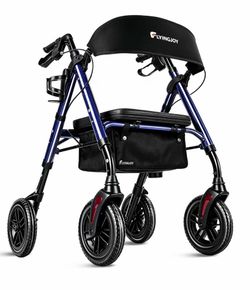 Foldable Rollator Walkers for Seniors with Seat,4 Wheel Rolling Walker 300lbs|8" All-Terrain Wheels|Adjustable Height|Anti-tip brakes|padded seat|Tool