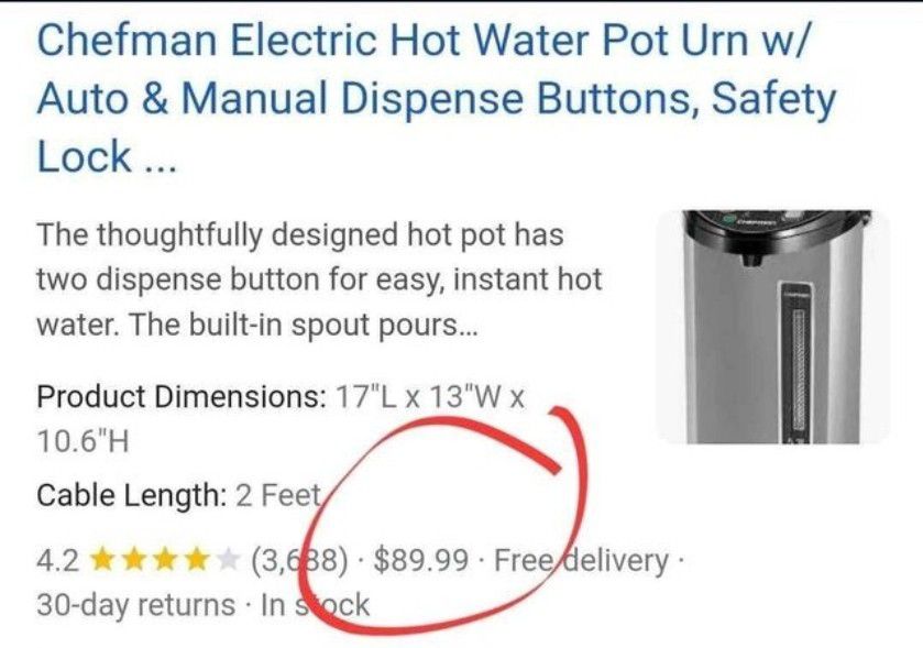 Chefman Electric Hot Water Pot Urn w/ Auto & Manual 5.3 Liter