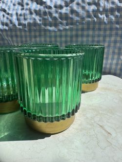 Green Ribbed Glass Votive Candle Holders Set15