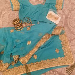 Turquoise with Gold Embroidery Saree Set