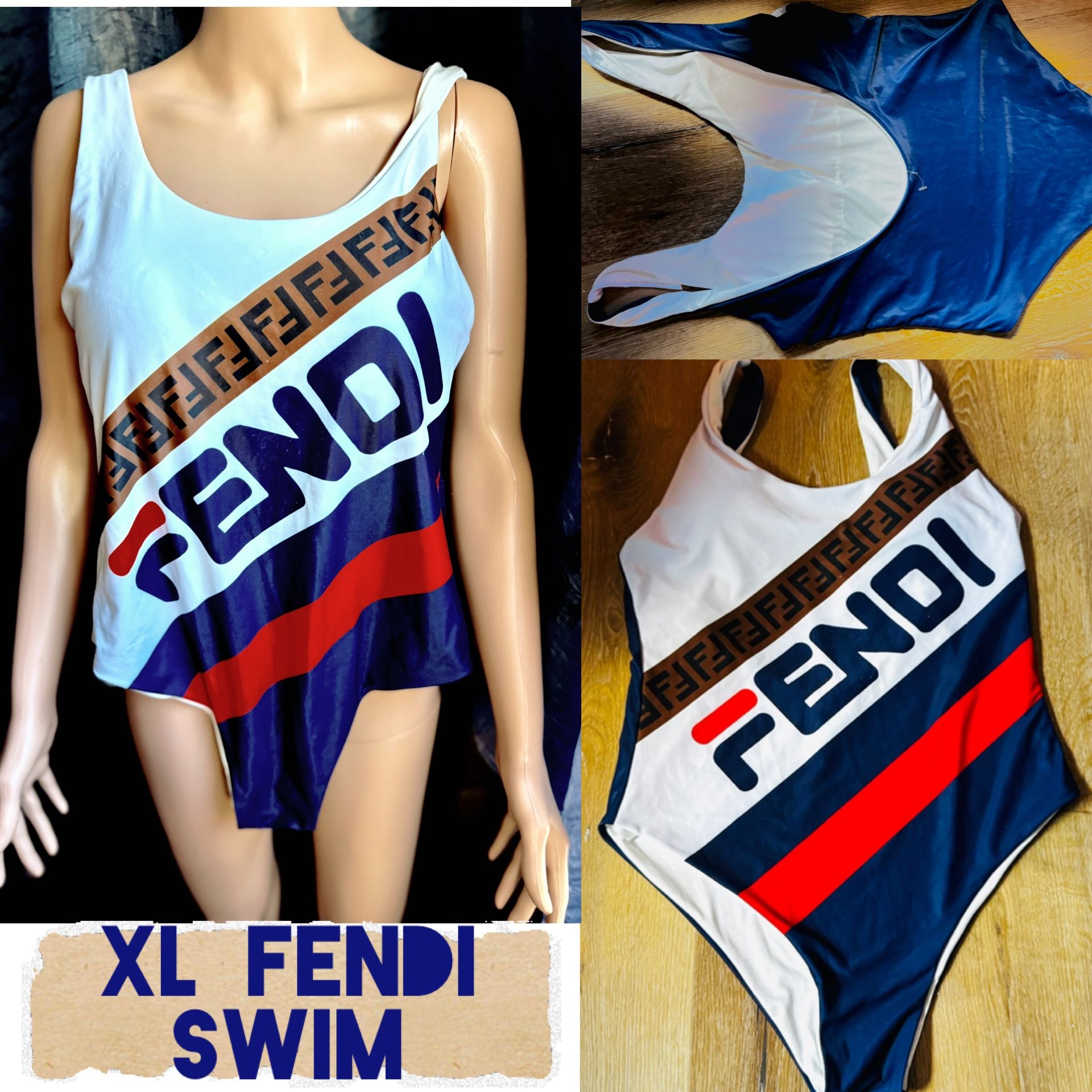 XL Fendi Mania One-Piece Swimsuit / bodysuit – Iconic, & in white, blue & red.