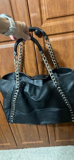 Black Leather Tote Bag with Silver Chain Detail