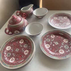 Vintage Chinese Mun Shou Porcelain Longevity Famille Rose