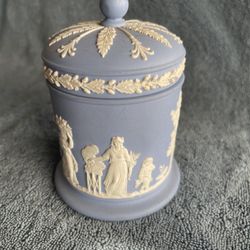 Vintage Blue Jasperware Style Lidded Jar, Classical Relief Decor, Neoclassical Home Accent
