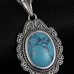 925 Sterling, Silver Retro, Inspired, Natural Turquoise Pendant Necklace