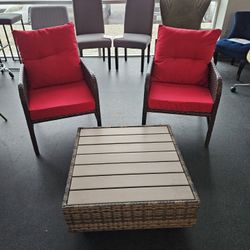3-Piece Outdoor Wicker Patio Set – Red Cushions & Coffee Table
