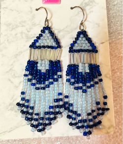 Beaded Fringe Drop Earrings Blue and White