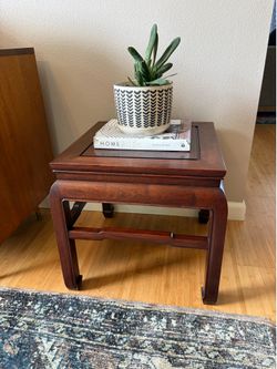 Vintage antique Chinese Hardwood Side Table with Carved Apron and Curved Legs