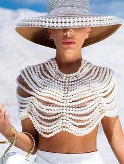 READY FOR BUY 1pc Women's European And American Fashion Personalized Exaggerated Accessory, Handmade Pearl Body Chain Shawl