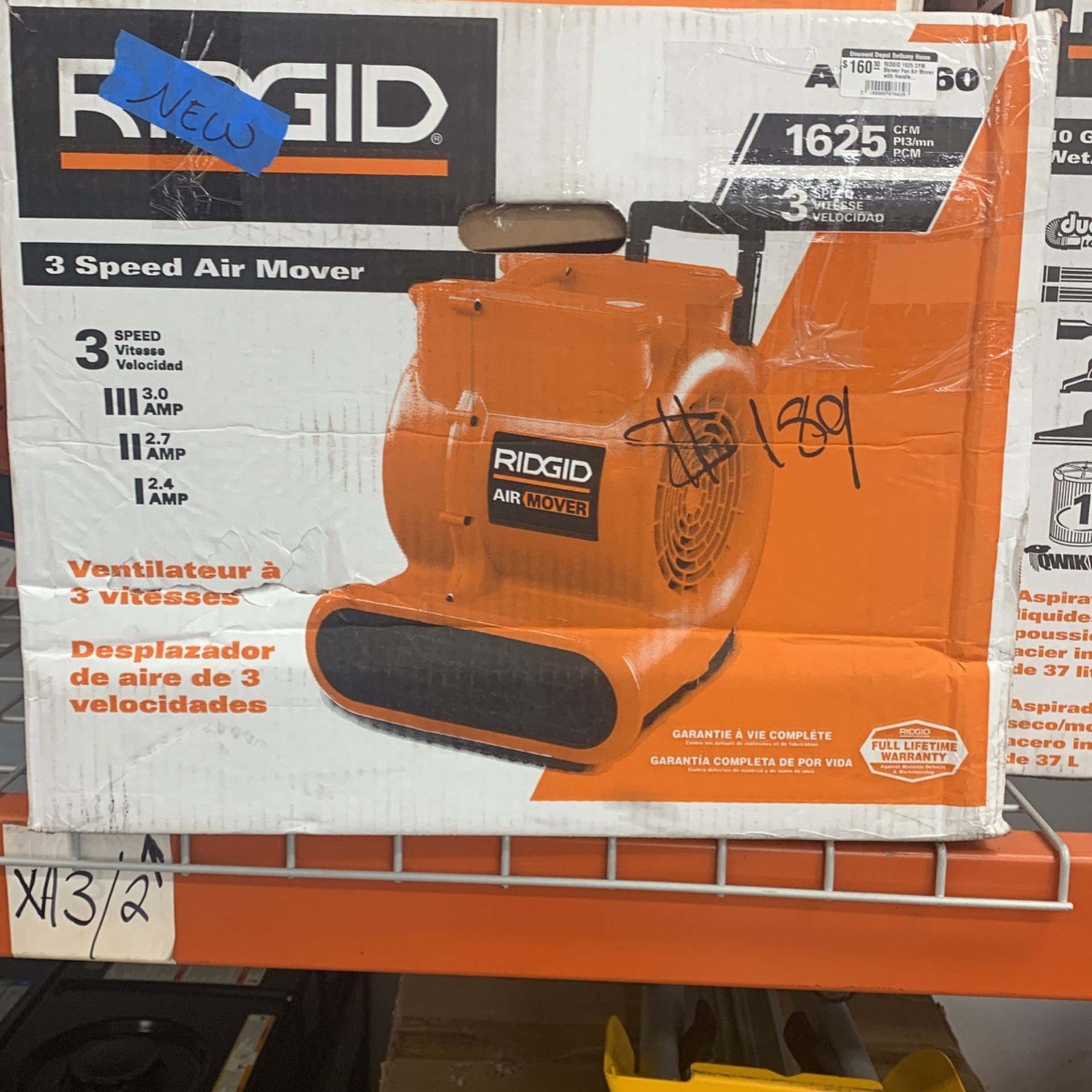 RIDGID 1625 CFM 3-Speed Portable Blower Fan Air Mover with Collapsible Handle and Rear Wheels for Water Damage Restoration (NEW)