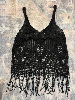 Black Crochet Lace Fringe Crop Top -L