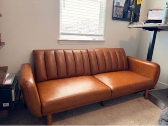 Novogratz Brittany Futon Sofa Bed – Camel Faux Leather – Like New