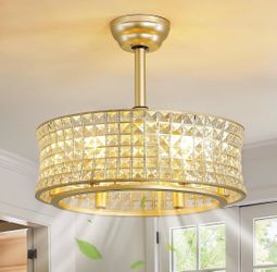 New 19.7" Crystal Low Profile Ceiling Fan with Lights& Remote Fandelier Caged 6-Light Reversible