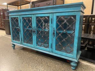 COAST TO COAST Weathered Teal Diamond Trellis Wooden Sideboard