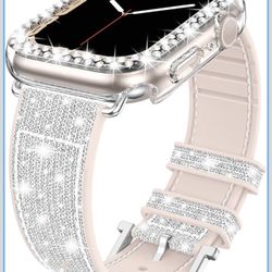 Glitter Band Case Compatible with Apple Watch Bands for Women 38mm Series 3/2/1[No Screen Protector],Women Bling Silicone Silicone Strap+ Diamond Rhin