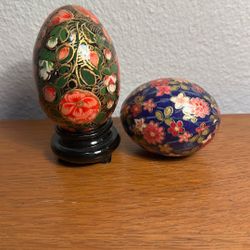 Two Vintage Hand Painted Eggs Florals  / One Wooden Stand 