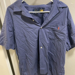 Polo Ralph Lauren Button Down L Shirt Blue Short Sleeve Classic Fit Flesh Pony